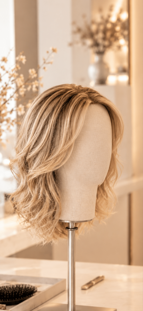 Blond golvend haarwerk op een paspop in de salon