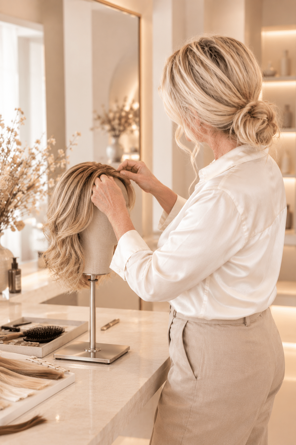 Haarwerkspecialist werkt een haarwerk op een paspop af